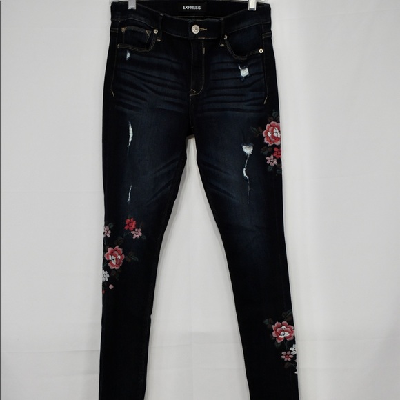 Express Denim - “Express” Dark Blue Distressed With Embroidered Flowers
